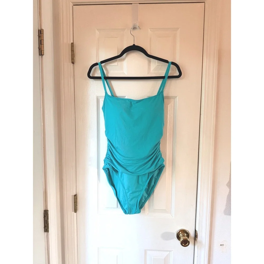 La Blanca Island Goddess One Piece Swimsuit Calypso Teal Ruched Size 10 NEW